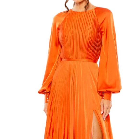 MAC DUGGAL 26590 PLEATED HIGH NECK RAGLAN LONG SLEEVE SUNSET THIGH SLIT GOWN  8 - Picture 1 of 5
